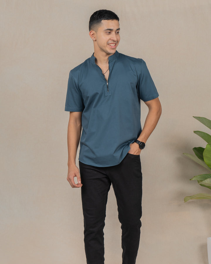Modern stylish blue zipper front shirt for men, Stylish and functional zipper front shirt for men, combining modern design with comfort