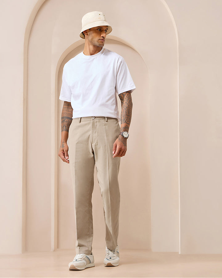 Beige Comfort Fit Cotton Chinos