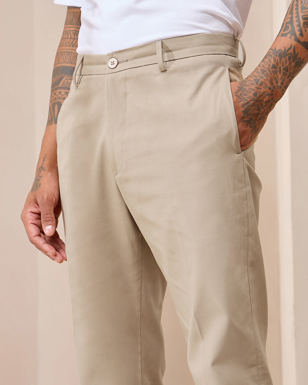 Beige Comfort Fit Cotton Chinos