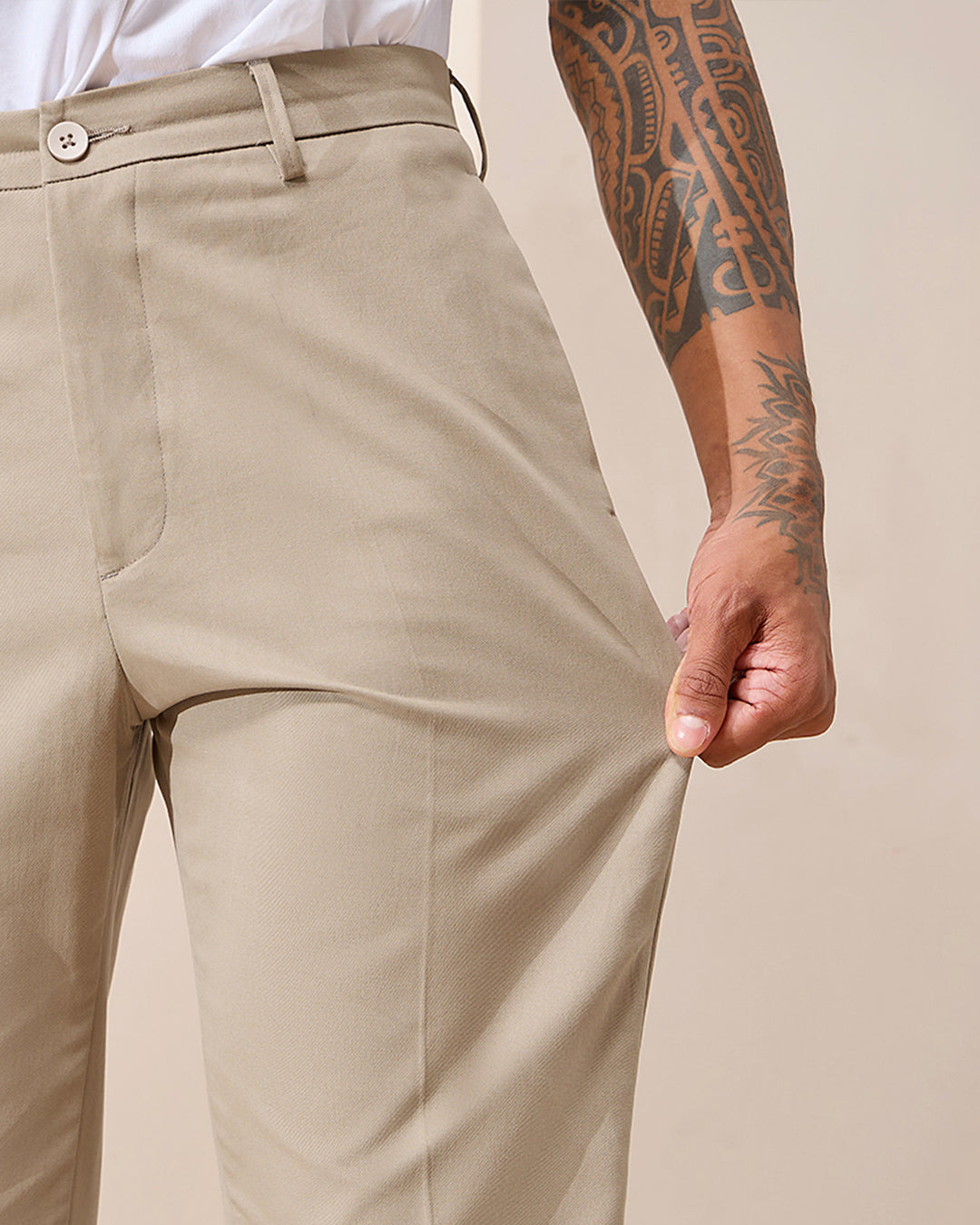 Beige Comfort Fit Cotton Chinos