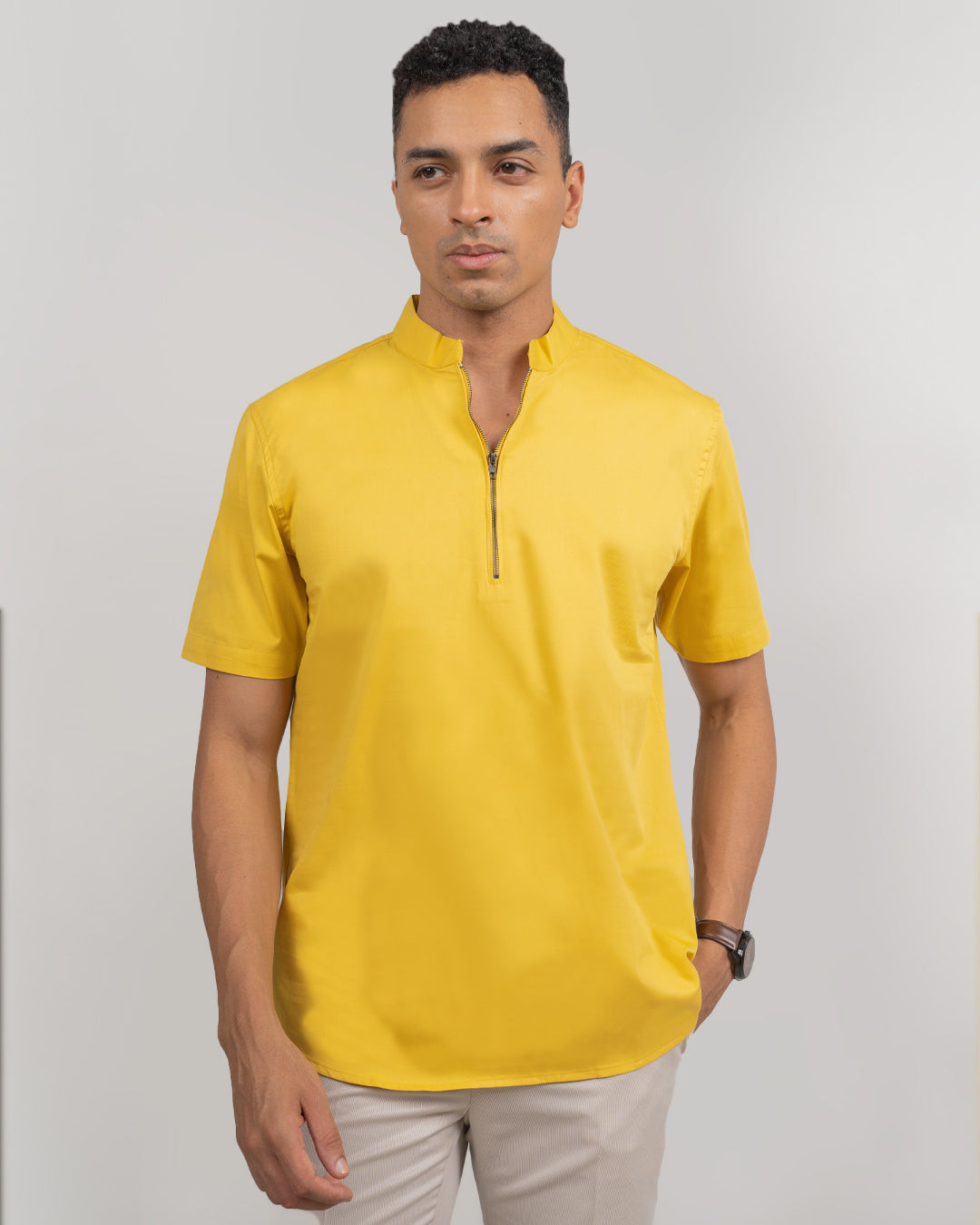 Modern stylish yellow zipper front shirt for men, Stylish and functional zipper front shirt for men, combining modern design with comfort