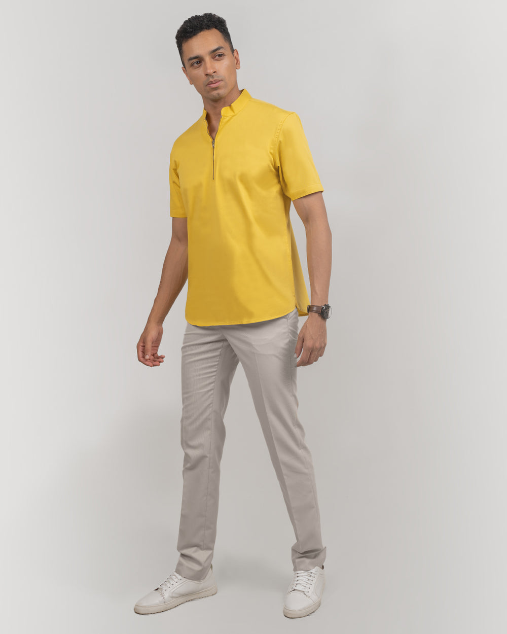 Modern stylish yellow zipper front shirt for men, Stylish and functional zipper front shirt for men, combining modern design with comfort